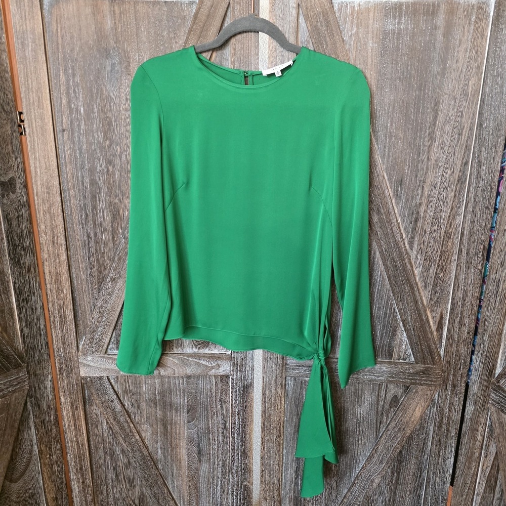 Milly Shirt Womens Size 2 Green Silk Blend Dressy Tied Bottom Long Sleeve Blouse